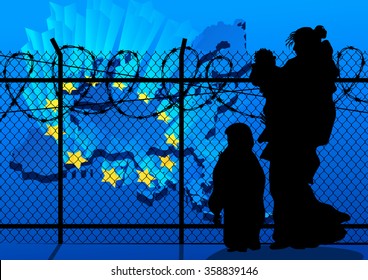 Silhouettes of refugee with two children standing at the border. Immigration religion and social theme