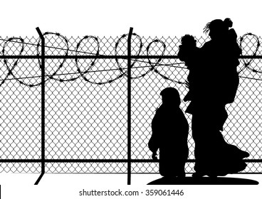 Silhouettes of refugee with two children standing at the border. Immigration religion and social theme