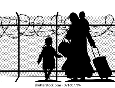 Silhouettes of refugee with two children standing at the border. Immigration religion and social theme