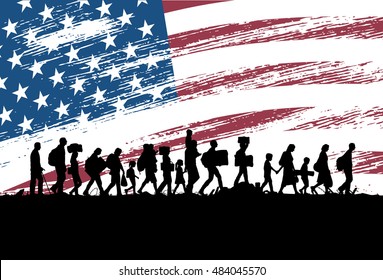 Silhouettes of refugees and migrants walking along the road with flag of the United States as a background, vector