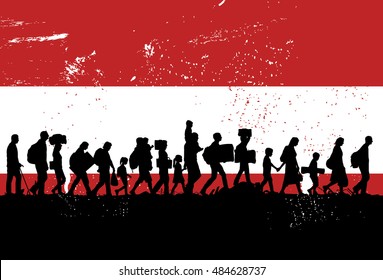 Silhouettes of refugees and migrants walking along the road with flag of Austria as a background, vector