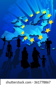 Silhouettes of refugees on background the map and shining stars Europe Union flag