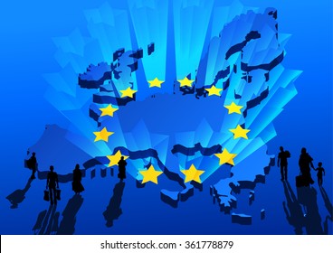 Silhouettes of refugees on background the map and shining stars Europe Union flag