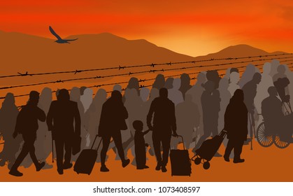 Silhouettes of refugees people behind barbed wire on sunset, vector illustration