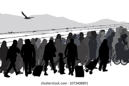 Silhouettes of refugees people behind barbed wire on white background, vector illustration