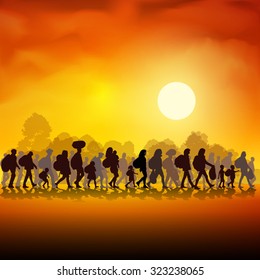 Silhouettes of refugees people searching new homes or life due to persecution. Vector illustration