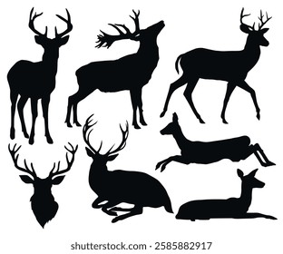 Silhouettes of reindeer. Hunting Vector Illustration. Deer heads with horns, Merry Christmas, Santa Claus. Deer sitting on grass, standing deer silhouette wild forest  animal logo inspiration