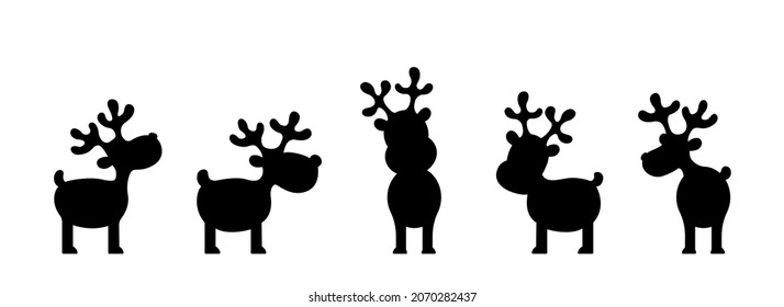 Silhouettes of reindeer isolated on a white background. Set of cartoon reindeer icons for design use.