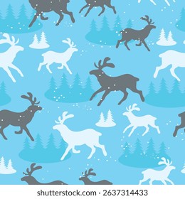 Silhouettes reindeer on background of winter snowy forest seamless pattern. Blue deer and snow fir trees. Repeated textile flat print. Christmas wrapping. Wild animal with horns. Vector kids wallpaper