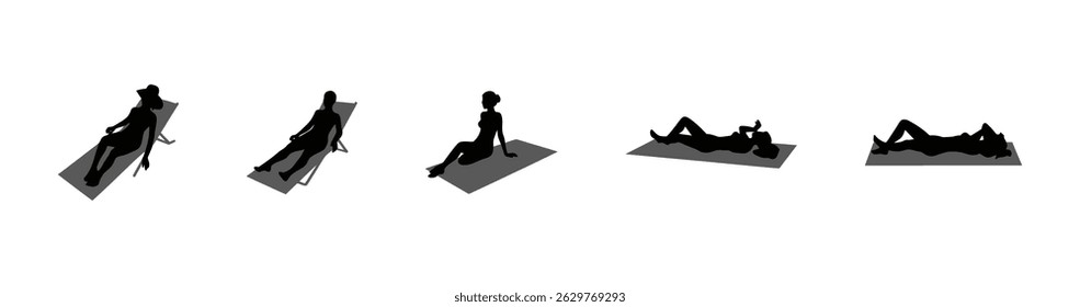 Silhouettes of Relaxing Women Sunbathing on Deck Chairs and Blankets in Summer