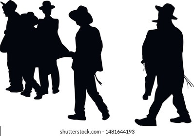 Silhouettes of religious Jews going to the synagogue. Collection. Jew in a traditional costume. Hasid in a hat. Isolated vector illustration Black on white.