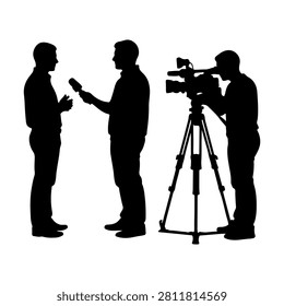 Silhouettes of a reporter being interviewed and a cameraman filming, capturing a professional media interaction scene.
