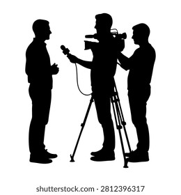 Silhouettes of a reporter and cameraman during an interview, capturing a professional media interaction scene in black and white.