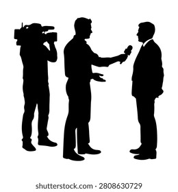 Silhouettes of a reporter interviewing a businessman with a camera operator capturing the scene, emphasizing media and communication.