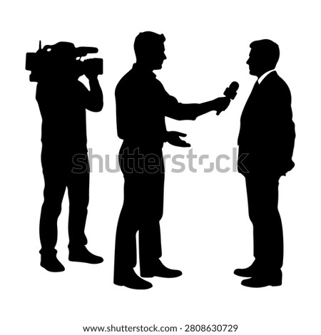 Silhouettes of a reporter interviewing a businessman with a camera operator capturing the scene, emphasizing media and communication.