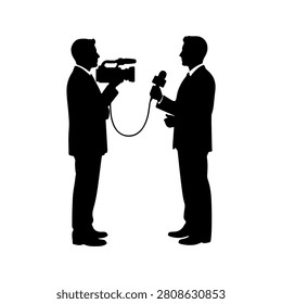 Silhouettes of a reporter interviewing an interviewee with a microphone and camera, capturing a professional media interaction scene.