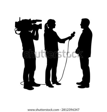Silhouettes of a reporter interviewing a man, with a camera crew capturing the scene, set against a plain background, emphasizing media and journalism.