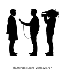 Silhouettes of a reporter interviewing a man with a microphone, accompanied by a cameraman filming the scene, set against a plain background.