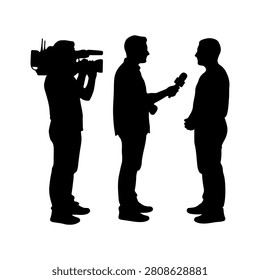 Silhouettes of a reporter interviewing a man with a microphone, captured in a professional setting, emphasizing communication and media coverage.