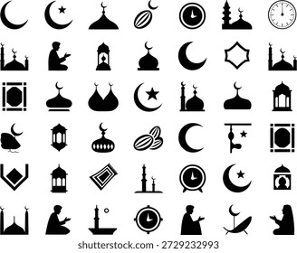Silhouetten, die Gebetsrituale, Zeitmanagement und traditionelle Speisen während des heiligen Fastenmonats für die muslimische Gemeinschaft darstellen