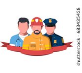 
Silhouettes of rescue workers isolated on white background.. People of emergency service - paramedic, firefighter and police man. Rescue team flat vector illustration.