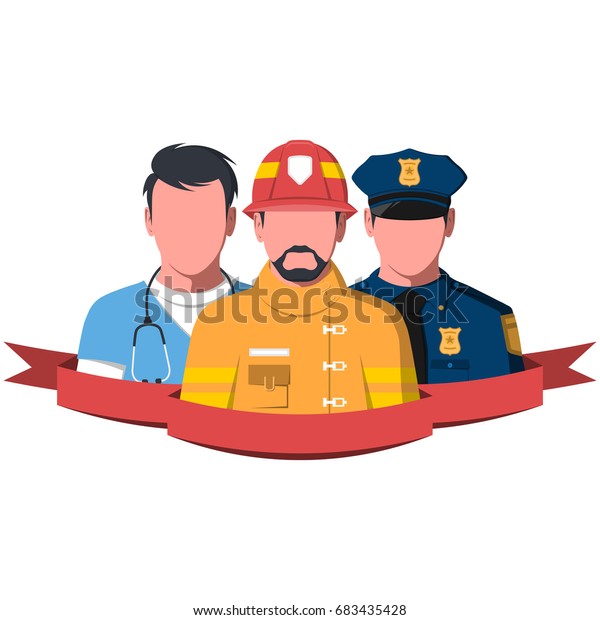 \
Silhouettes of rescue\
workers isolated on white background.. People of emergency service\
- paramedic, firefighter and police man. Rescue team flat vector\
illustration.
