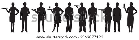 silhouettes of restaurant staff and waiter, waitress, chef, kitchen staff set. 