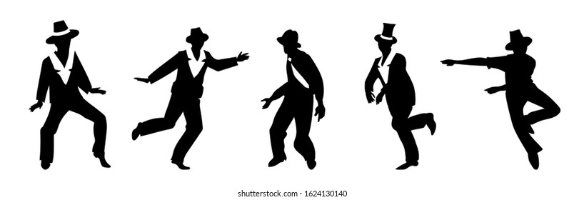 Silhouettes of retro men in luxury costumes and hats dancing charlestone and boogie. Party style of bohemian 1920s. Vector illustration.