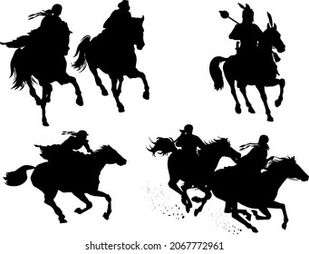 Silhouettes of riders on a horse gallop male female. Vector illustration