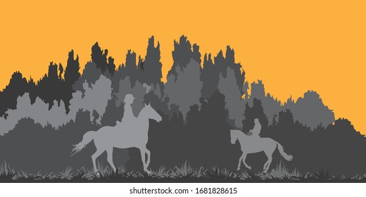 silhouettes, riders ride on horseback across a field, against a forest and sky background, isolated illustration on an orange background