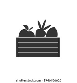 Silhouettes ripe fruits and vegetables in a wooden crate. Harvest icon. Apple, carrot and lemon in a wooden box. Black and white vector. Isolated illustration on white blank background.
