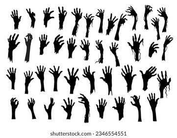 Silhouettes of rising zombie hands in various poses, ideal for Halloween designs, undead artwork, or scary graphics.
