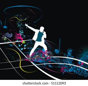 Silhouettes of  of Rock man and sings into the mic wave line, vector illustration