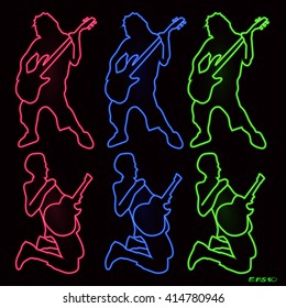 Silhouettes of rock musicians with guitars in neon