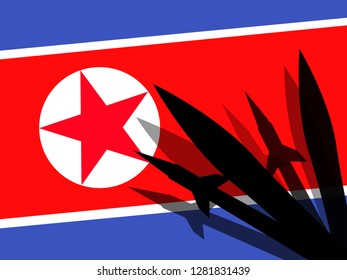 Silhouettes of rocket on the background of the flag of North Korea. Nuclear bomb.