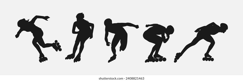 Silhouettes of roller skaters. Sport, athlete, race, lifestyle theme. Isolated on white background. Vector illustration.