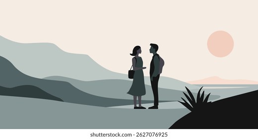 Silhouettes of a romantic couple in the mountains. Man and woman came to relax on the lake. Tourism scene in a flat style. 