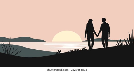 Silhouettes of a romantic couple at sunset. Background with loving couple holding hands. Tourism scene in a flat style. 
