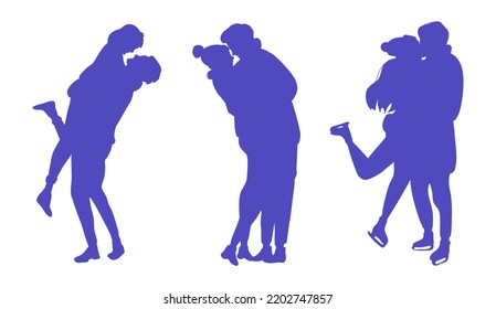 Silhouettes of romantic couples in love, hugging and kissing, isolated on white background. Christmas love story, Xmas date. A concept of holidays togetherness.