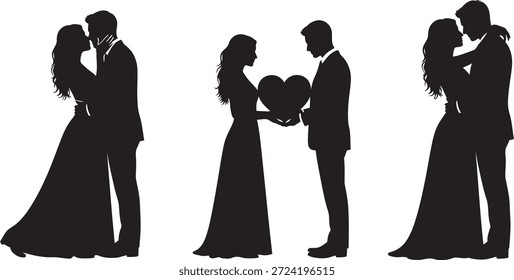 Siluetas de parejas románticas en varias poses y atuendo formal