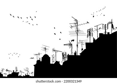 Silhouetten von Dächern mit Antennen einzeln auf weißem Hintergrund.
Stadt, Häuser, Dächer, alte Antennen und Vögel.Großstädtisches oder städtisches Wohnkonzept.Stadt mit Bauhorizon-Panorama.Vektorgrafik