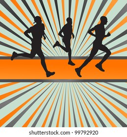 Silhouettes of runners vector in front of colorful burst background