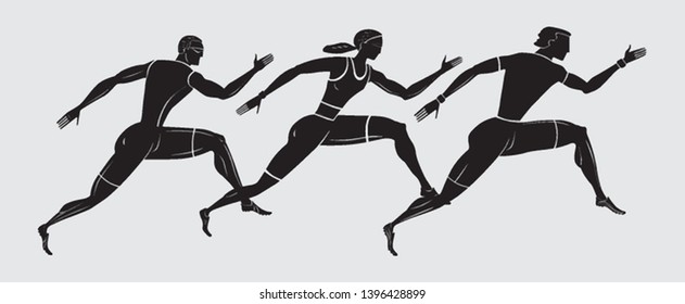 Silhouettes running athletes. Stylized under the Greek drawings. Vector graphics