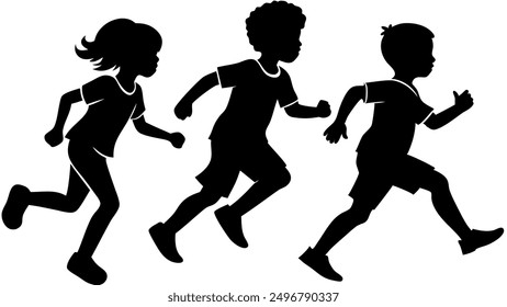 silhouettes of running children vector illustration, group of active kids playing clipart graphic, front view