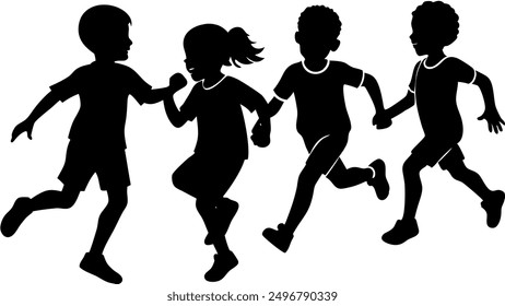 Siluetas de niños corriendo Ilustración vectorial, grupo de niños activos jugando Clipart gráfico, vista frontal