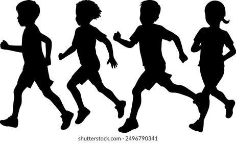 silhouettes of running children vector illustration, group of active kids playing clipart graphic, front view