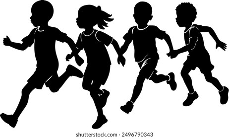 silhouettes of running children vector illustration, group of active kids playing clipart graphic, front view