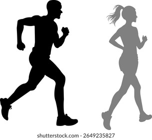 Silhouettes of running man and women together jogging illustration design