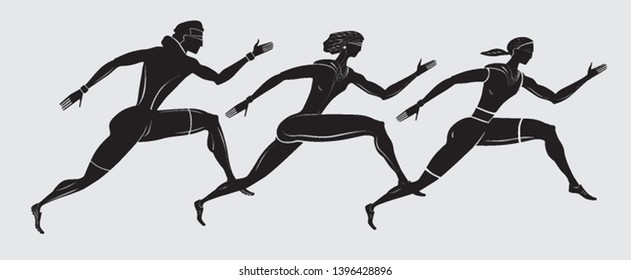 Silhouettes running modern athletes. Stylized under the Greek drawings. Vector graphics