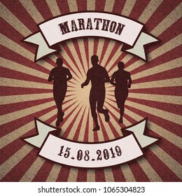 Silhouettes of running people. Marathon race symbol. Retro vintage style background with ribbon banners. Vector illustration.